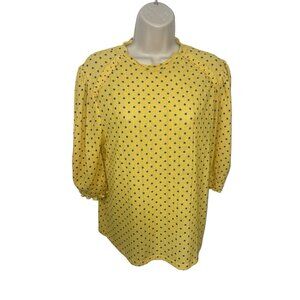 ZARA Womens Size Small Yellow Blouse Blue Polka Dot Stretch Crepe Smocked Sleeve